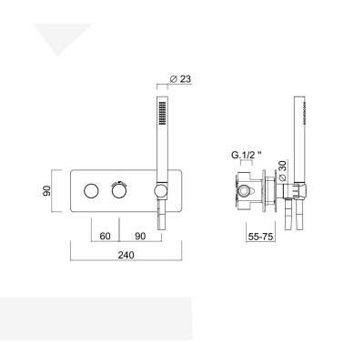 Parte esterna termostatico doccia incasso con deviatore, kit duplex, 2 uscite, acciaio inox 316L, Open