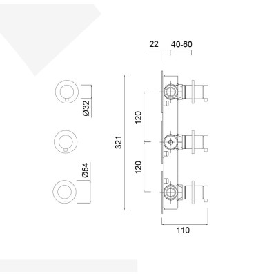 Parte esterna collettore 3 uscite in acciaio inox 316L, serie Open