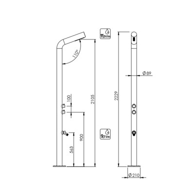 Colonna doccia, inox AISI 316L spazzolato con miscelatore, deviatore e soffione incorporati, bocca lavapiedi, Adam