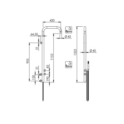 Outdoor shower column, AISI 316L stainless steel with built-in mixer, diverter, and shower head, hand shower, hose Naama