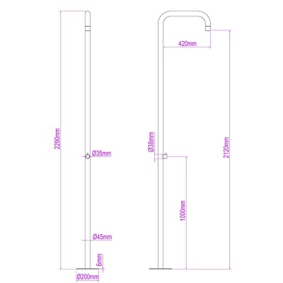 Colonna per esterno in inox AISI 316L spazzolato con rubinetto on-off, soffione incorporato con aeratore Neoperl, Eden