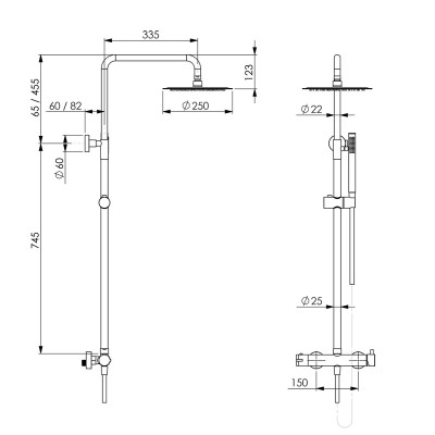 Telescopic and swivel shower column in 304 stainless steel, 25 cm shower head, shower with hose, single-lever mixer, Olimpo