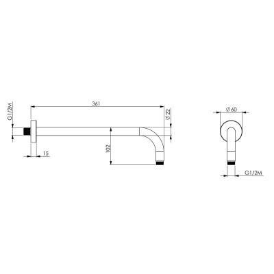Round Shower Arm in Brushed AISI 316L Stainless Steel, 350 mm, Alma 35T