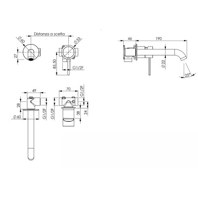 Single-lever mixer, built-in basin spout in AISI 304 stainless steel, brushed finish, Olympia