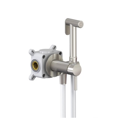 Miscelatore da incasso con kit Shut-Off, doccetta, supporto e flessibile, Easy Box, AISI 316 acciaio spazzolato