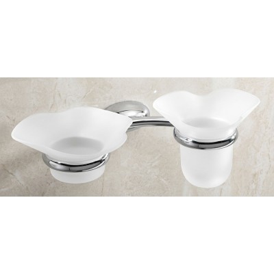 Porta bicchiere con porta sapone in ottone e vetro acidato, Duemila Plus