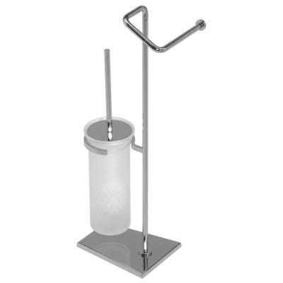 Freestanding toilet roll and toilet brush holder with acid-etched glass, trapezoidal base, Tiffany