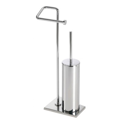 Piantana con porta rotolo e porta scopino in ottone, base trapezoidale, Tiffany