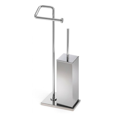 Piantana con porta rotolo e porta scopino quadrato in ottone, base trapezoidale, Tiffany