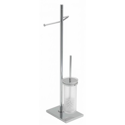 Zenith floor-standing toilet roll, toilet brush holder with cylindrical glass container and rectangular base