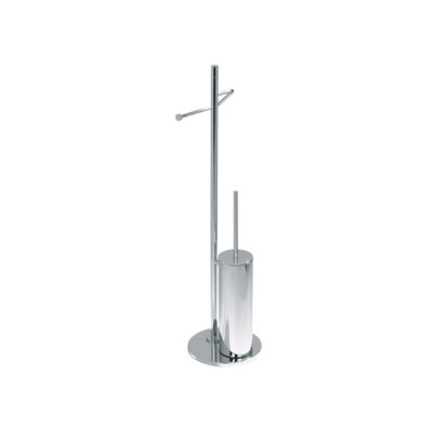 Roll holder and cylindrical toilet brush holder in brass, round base, Zenith