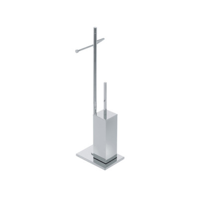 Standing paper roll holder and square toilet brush holder in brass, rectangular base, Zenith