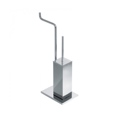 Square free-standing toilet brush holder in brass with roll holder, rectangular base, Zenith