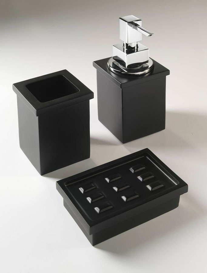 Accessori bagno Cube vaschetta, dosatore, bicchiere vetro vetrex colore nero